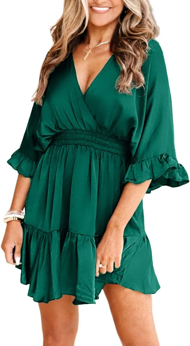 Aoysky Womens V Neck Casual Dresses Summer Loose High Waist Ruffle Pleated Cute Mini Short Dress
