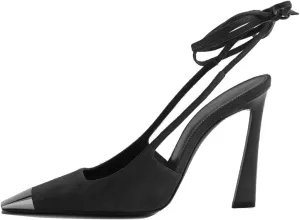 Arqa Ankle Strappy Pumps for Women Metal Square Toe Suede Slingback Pump Flared Heel Sandals