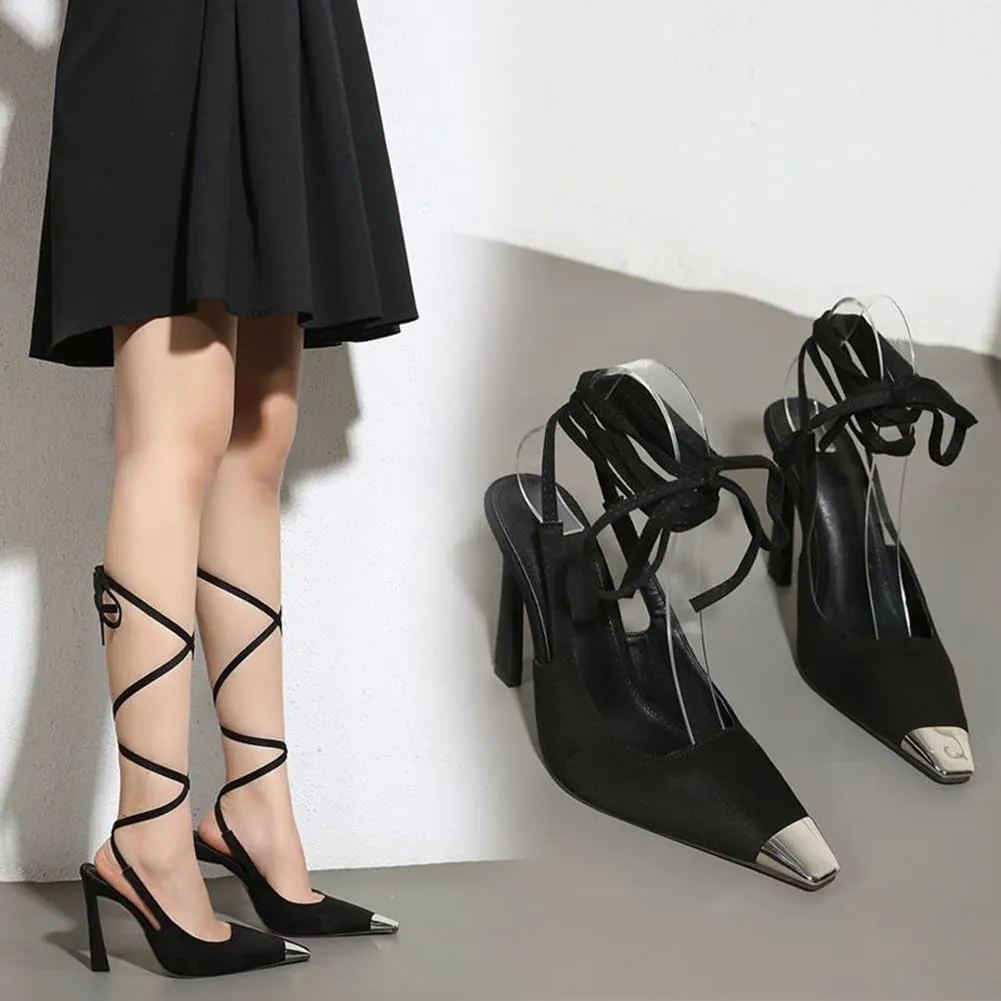 Arqa Ankle Strappy Pumps for Women Metal Square Toe Suede Slingback Pump Flared Heel Sandals