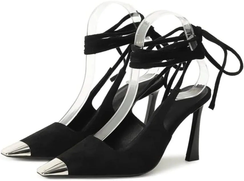 Arqa Ankle Strappy Pumps for Women Metal Square Toe Suede Slingback Pump Flared Heel Sandals