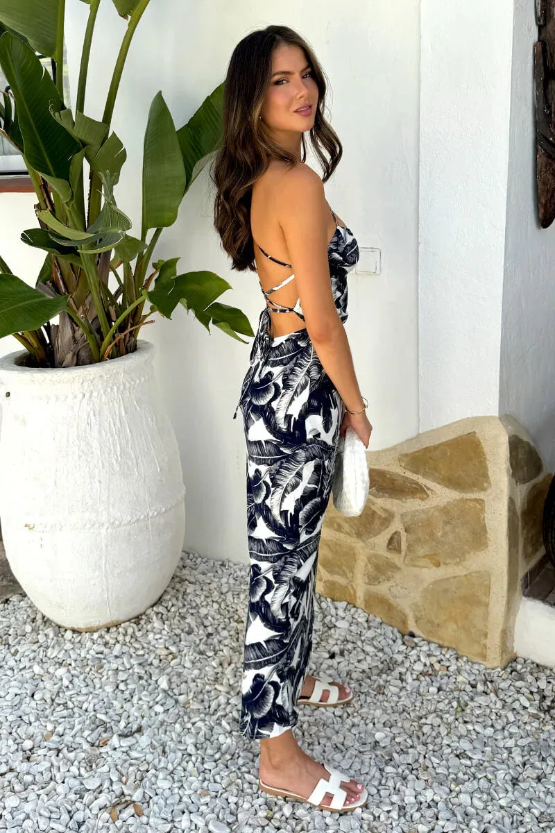 Athena Dark Navy Leaf Print Strappy Tie Back Slip Maxi Dress