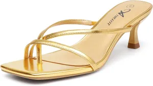 Athlefit Women's Strappy Kitten Heels Flip Flops Square Open Toe Low Heels Fashion Party Dress Thong Heeled Sandals