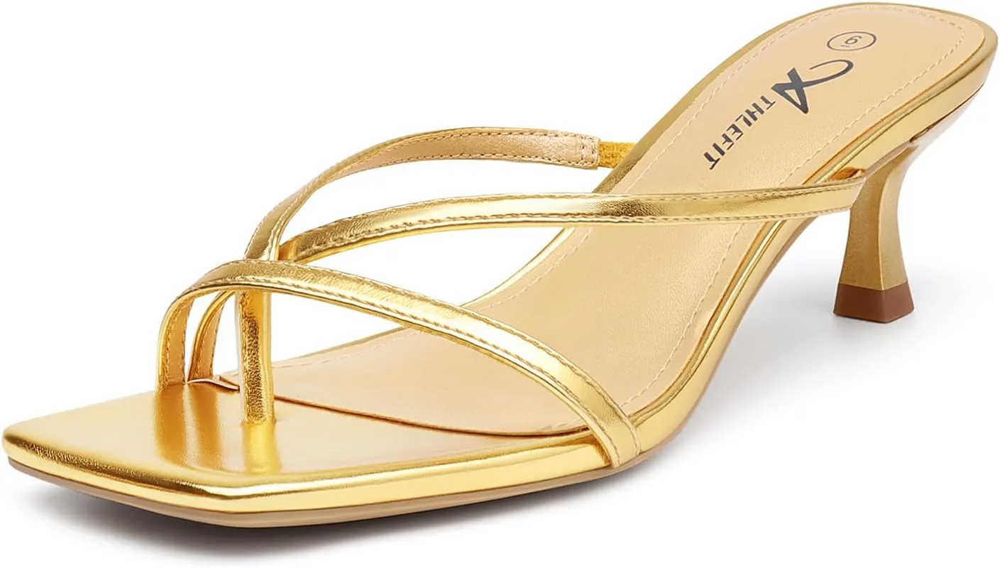 Athlefit Women's Strappy Kitten Heels Flip Flops Square Open Toe Low Heels Fashion Party Dress Thong Heeled Sandals