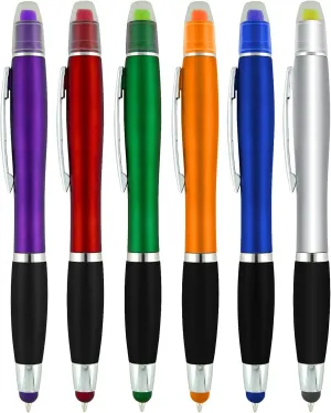Bible Highlighter with Pen and Stylus for Touchscreens, 3 in 1 Combo, Multi-Color Highlighters, No Bleed, All Black Ballpoint Ink, Wax Gel Highlighters, Pack of 12