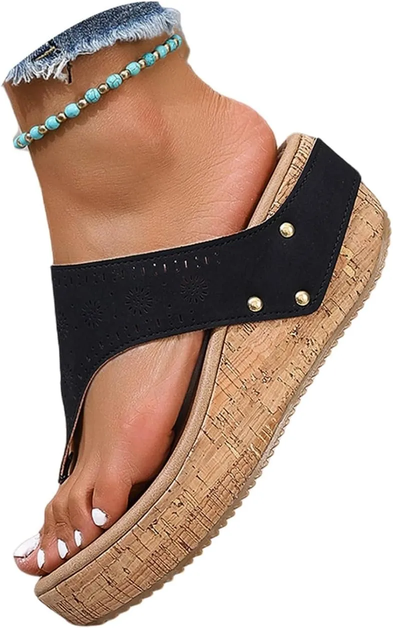 BILIKEYU Womens Arch Support Flip Flops Prints Cutouts T Strap Slip On Slippers Summer Beach Thong Wedge Platform Sandals