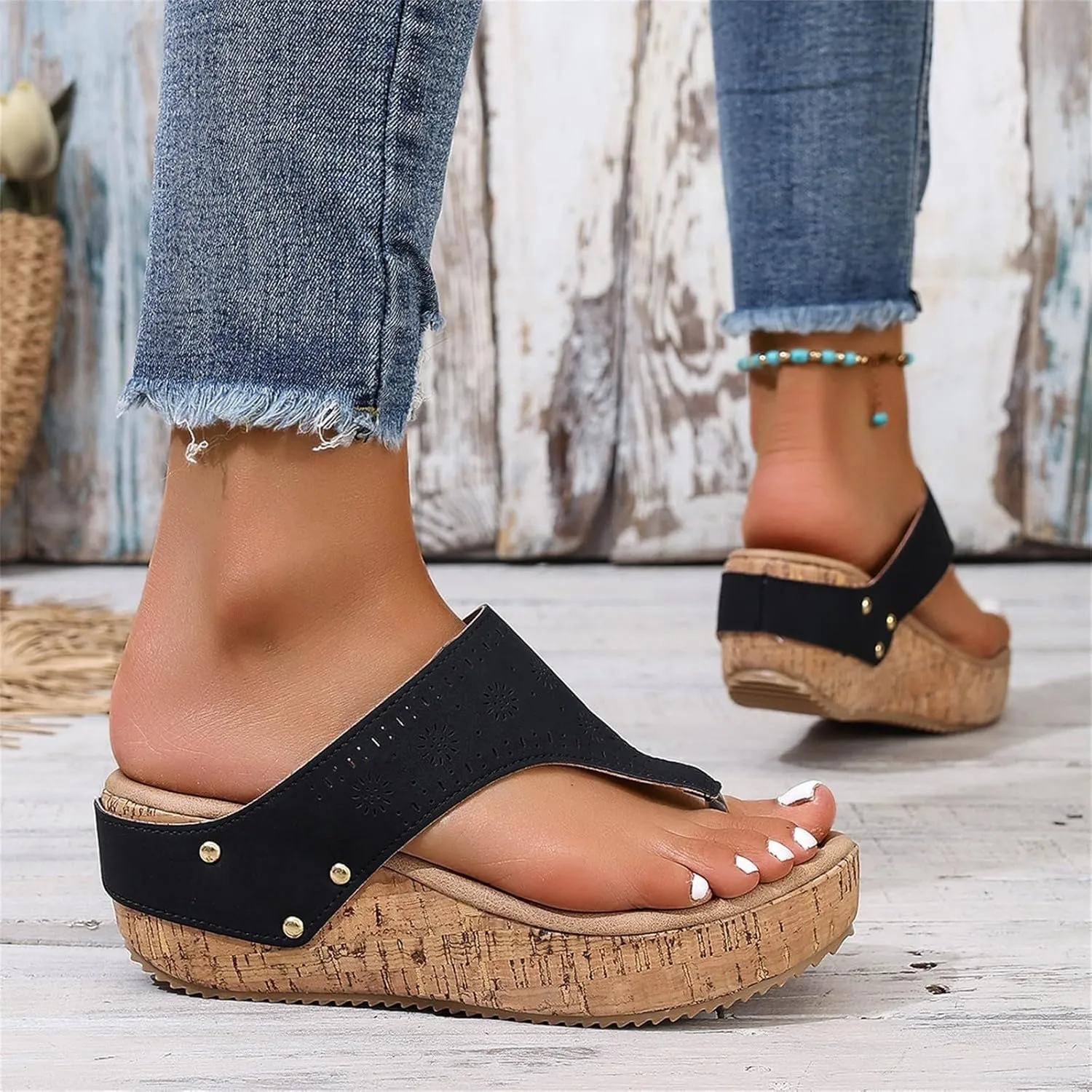 BILIKEYU Womens Arch Support Flip Flops Prints Cutouts T Strap Slip On Slippers Summer Beach Thong Wedge Platform Sandals
