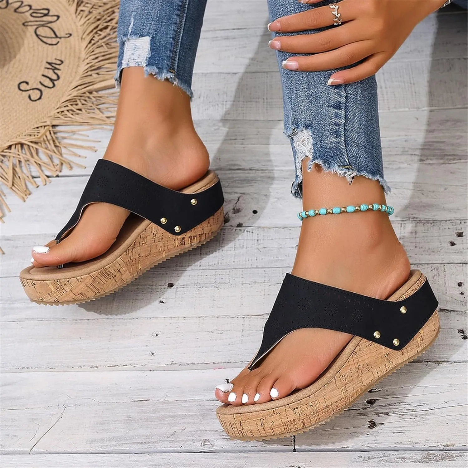 BILIKEYU Womens Arch Support Flip Flops Prints Cutouts T Strap Slip On Slippers Summer Beach Thong Wedge Platform Sandals