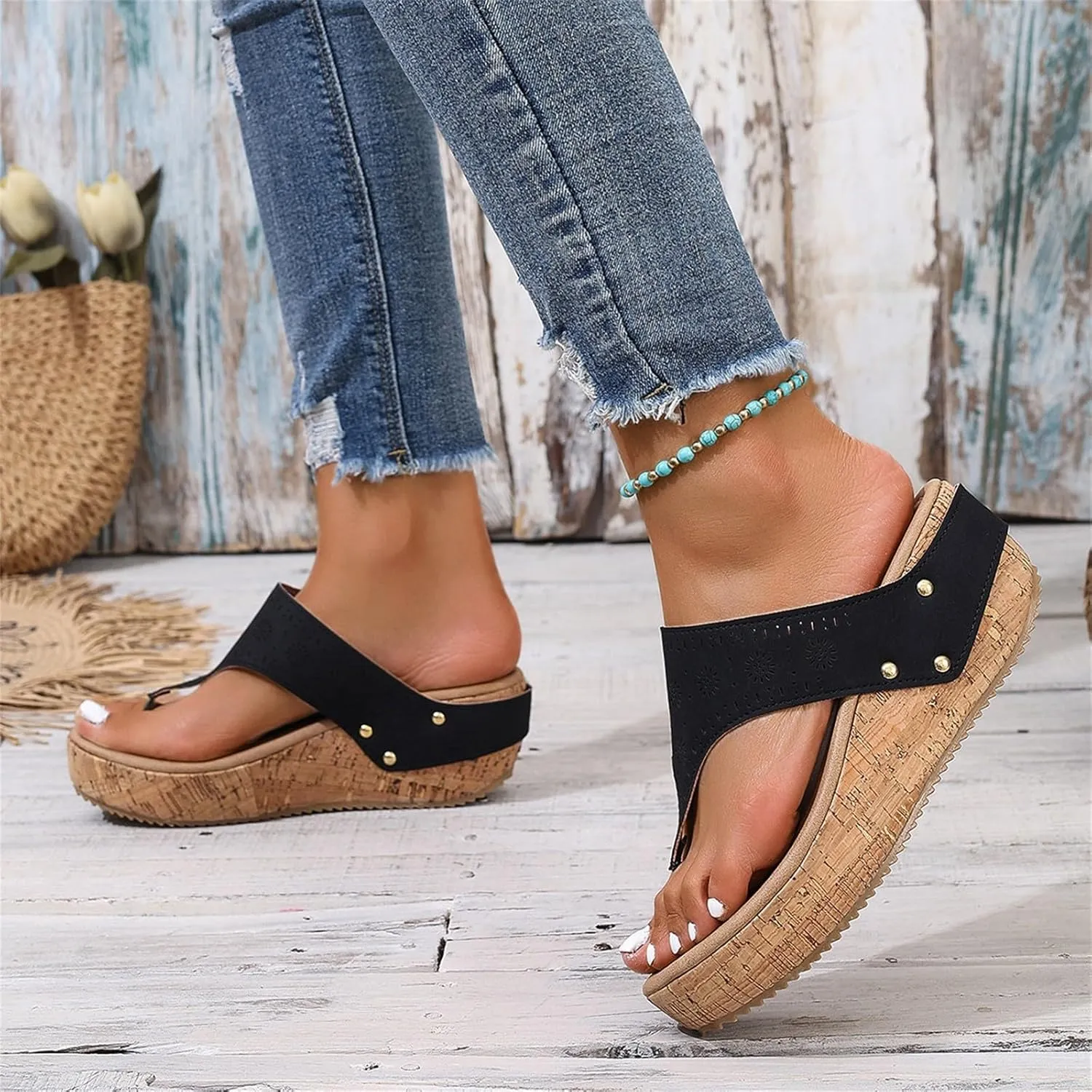 BILIKEYU Womens Arch Support Flip Flops Prints Cutouts T Strap Slip On Slippers Summer Beach Thong Wedge Platform Sandals