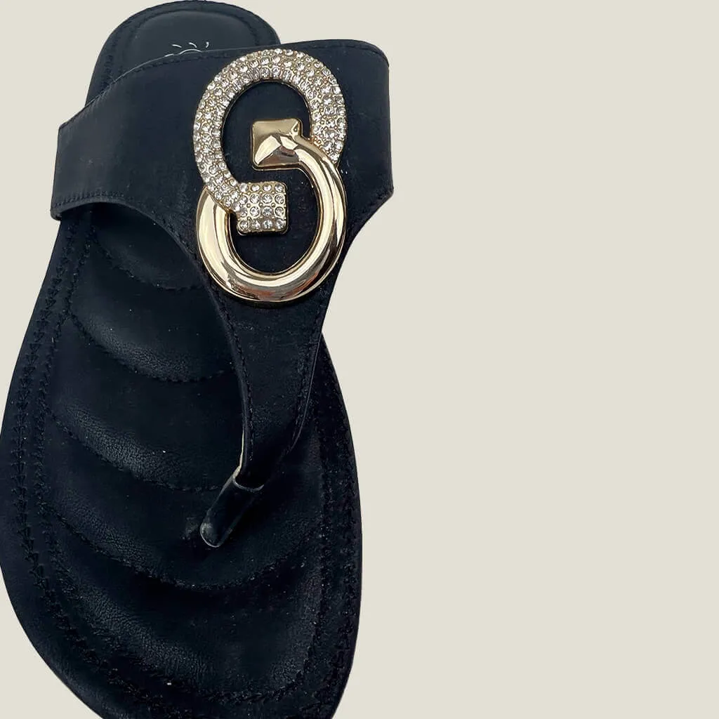 Black Flat Flip-Flop With Diamante And Gold Colour Toe Feature 8