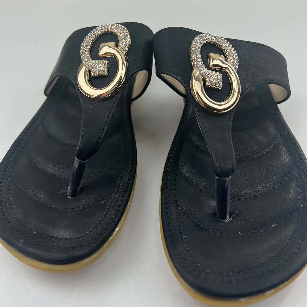 Black Flat Flip-Flop With Diamante And Gold Colour Toe Feature 8