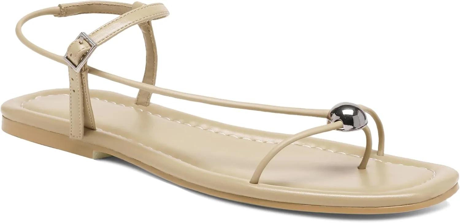 Black Flat Sandals for Women with Buckle Strappy Comfortable Silver Ball Square Open Toe Beach Thong Flip Flop Sandals Ring Toe Wedding Dress Shoes for Women.