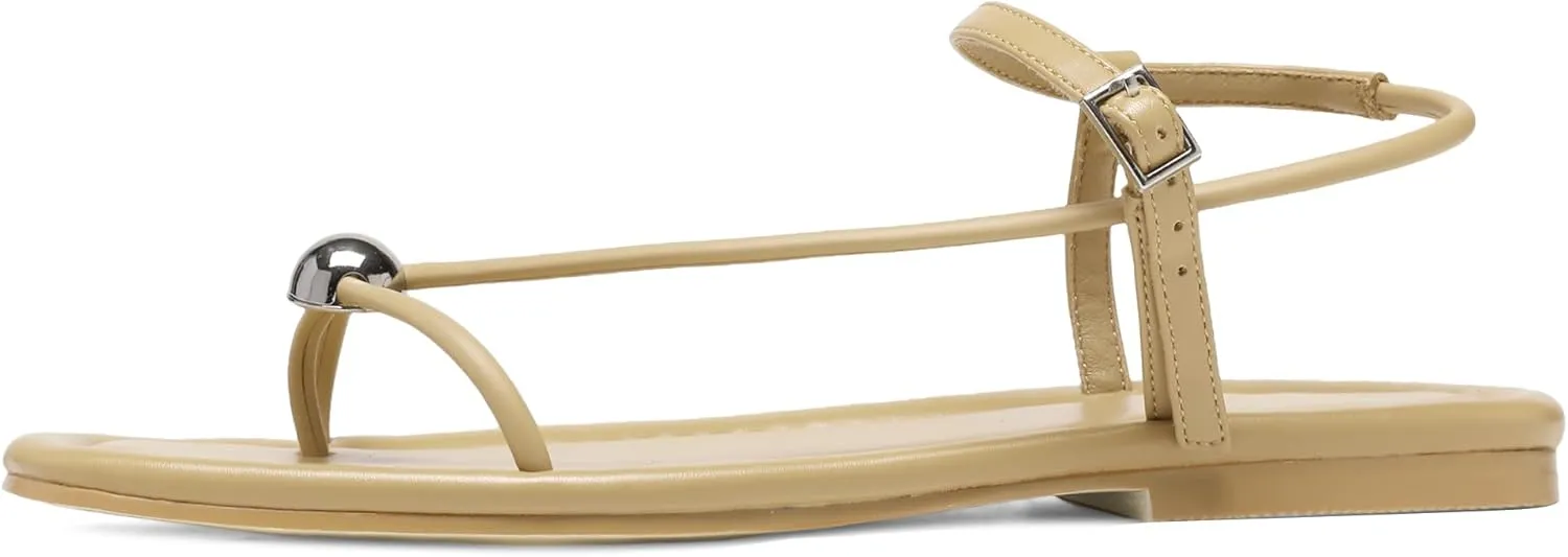Black Flat Sandals for Women with Buckle Strappy Comfortable Silver Ball Square Open Toe Beach Thong Flip Flop Sandals Ring Toe Wedding Dress Shoes for Women.