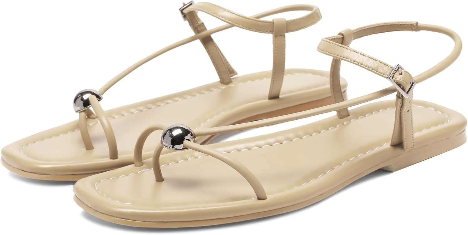 Black Flat Sandals for Women with Buckle Strappy Comfortable Silver Ball Square Open Toe Beach Thong Flip Flop Sandals Ring Toe Wedding Dress Shoes for Women.