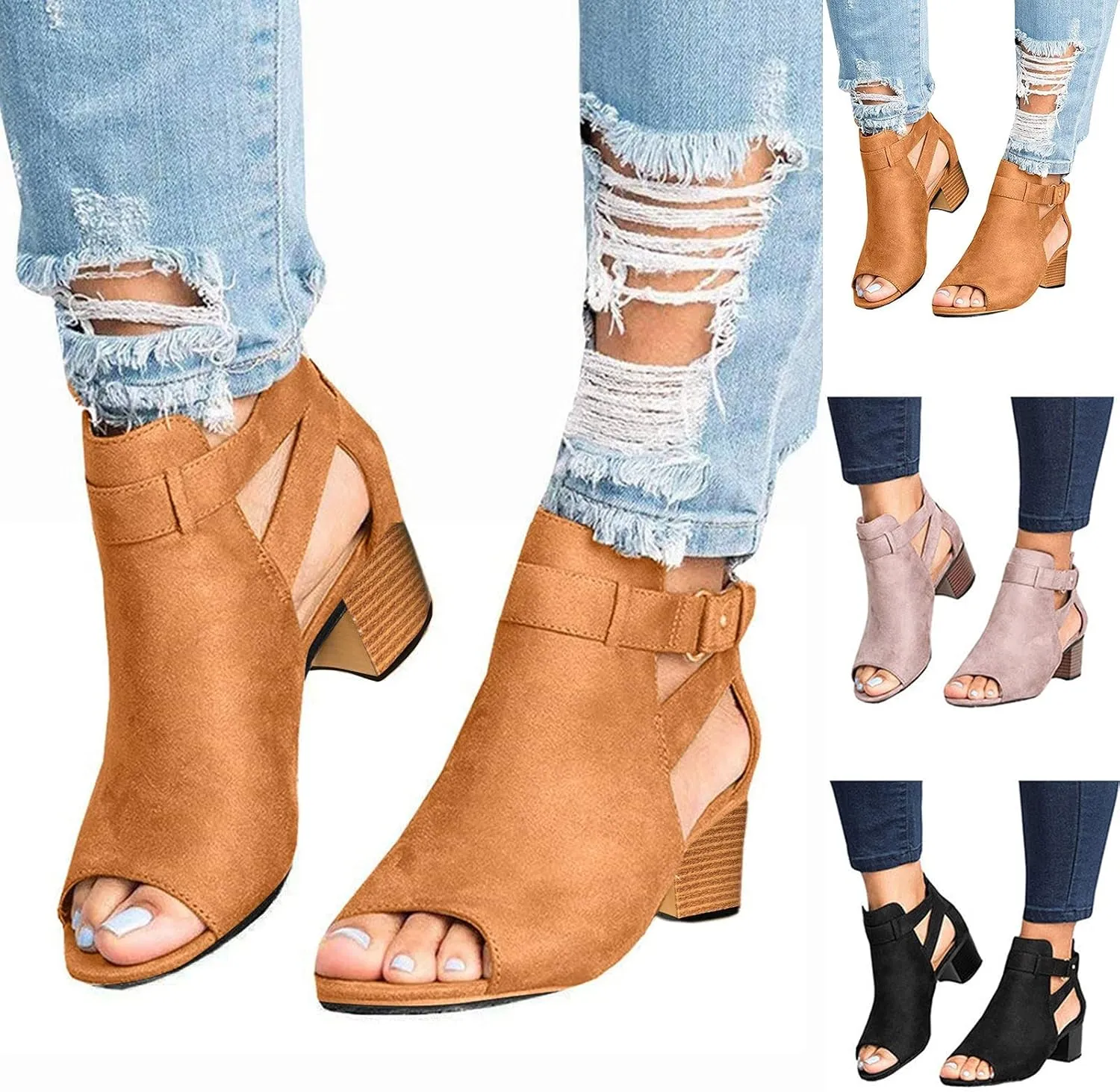 Black Sandals Women Dressy,Womens Sandals Suede Peep Toe Ankle Booties Cut Out Stacked Block Heel Ankle Boots