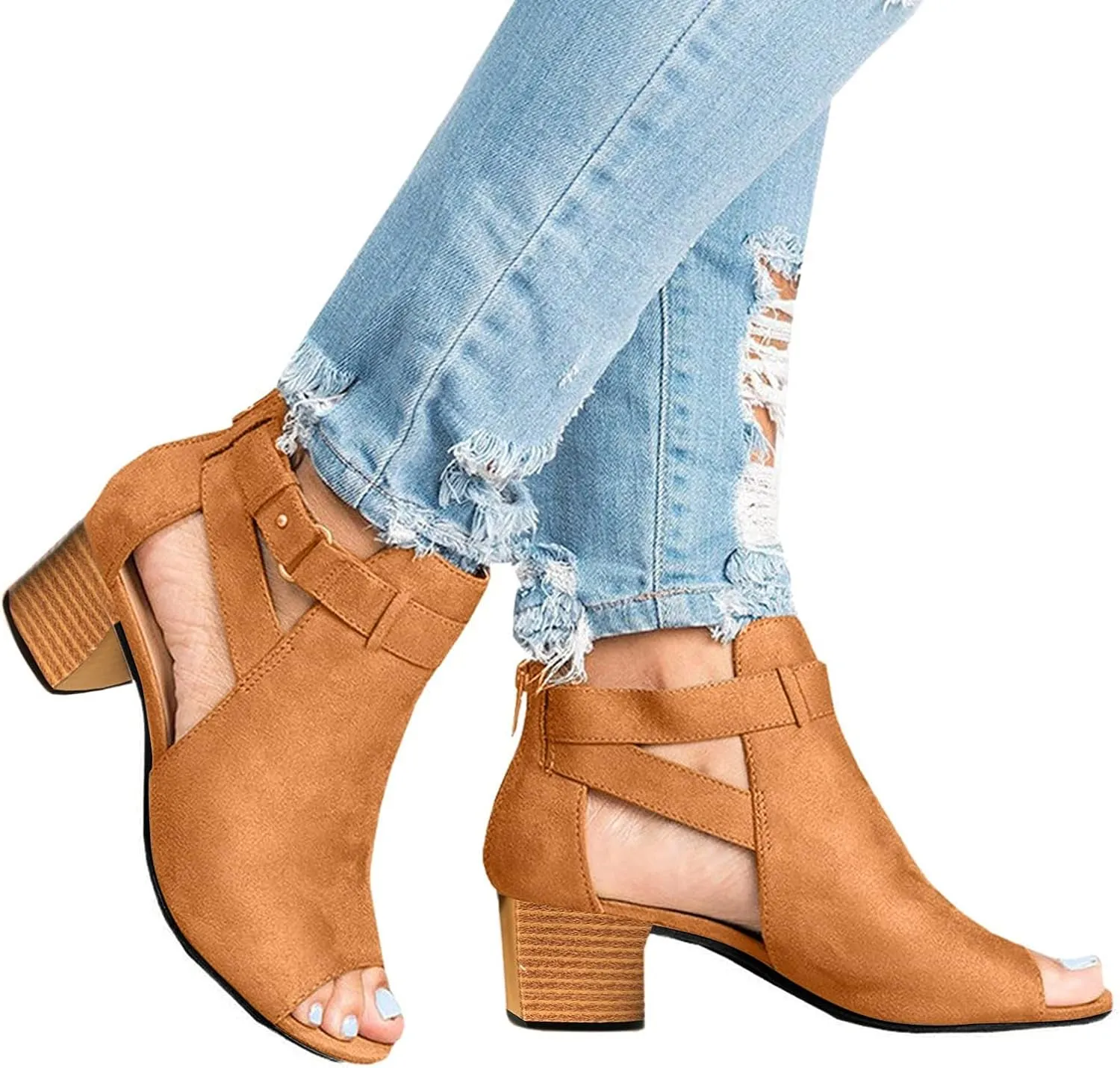 Black Sandals Women Dressy,Womens Sandals Suede Peep Toe Ankle Booties Cut Out Stacked Block Heel Ankle Boots