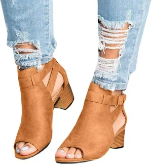 Black Sandals Women Dressy,Womens Sandals Suede Peep Toe Ankle Booties Cut Out Stacked Block Heel Ankle Boots