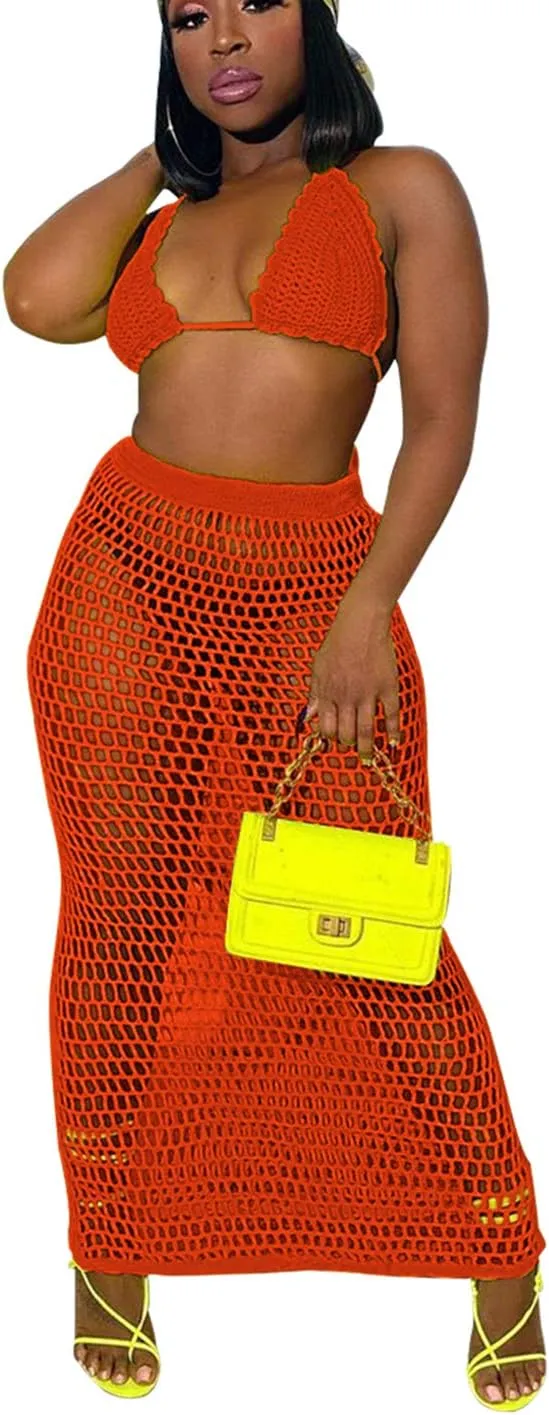 Bluewolfsea Women Sexy Beach Coverups Summer 2 Piece Outfits Crochet Mesh Fishnet Bikini Top and Maxi Skirt Set