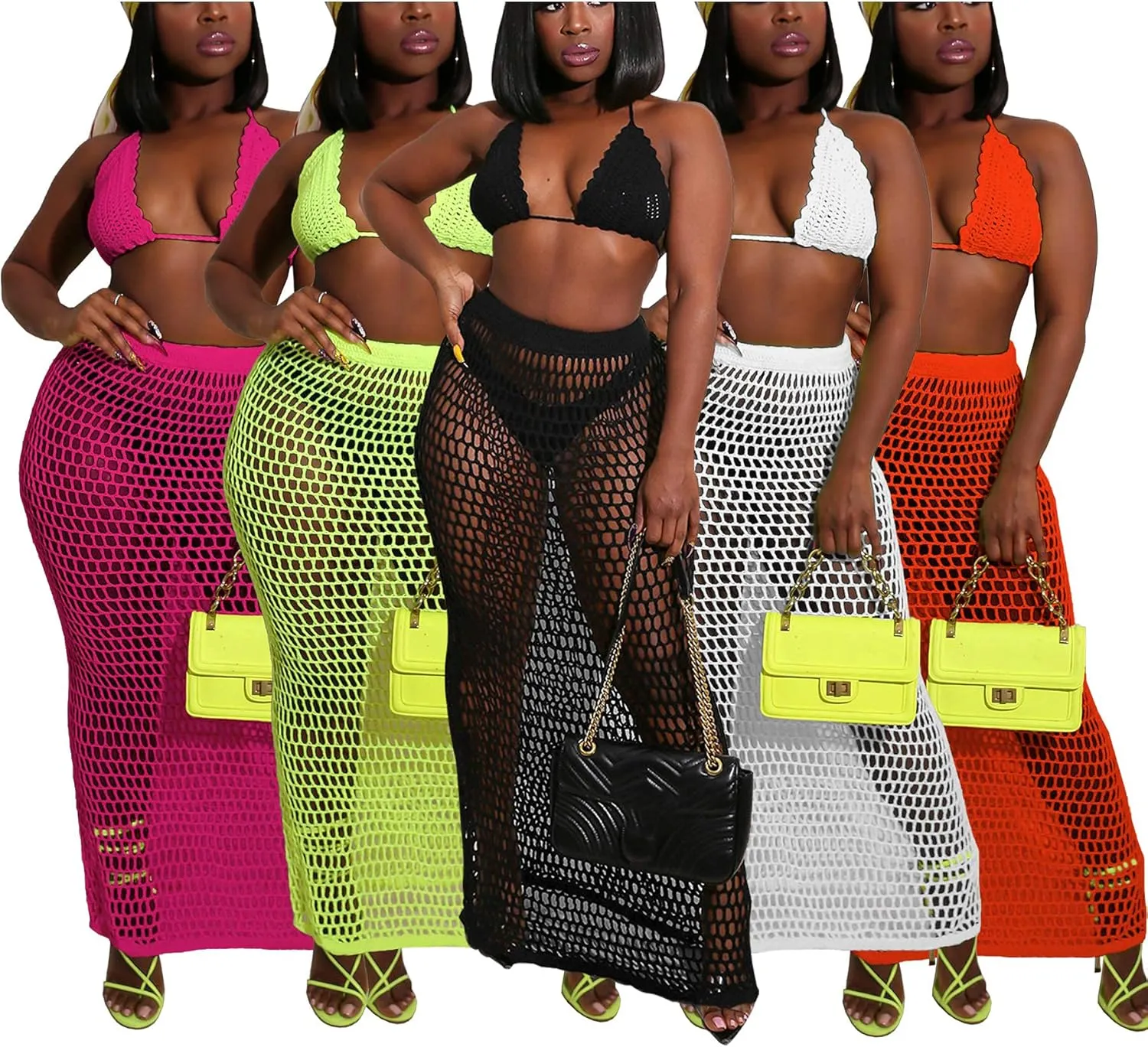 Bluewolfsea Women Sexy Beach Coverups Summer 2 Piece Outfits Crochet Mesh Fishnet Bikini Top and Maxi Skirt Set
