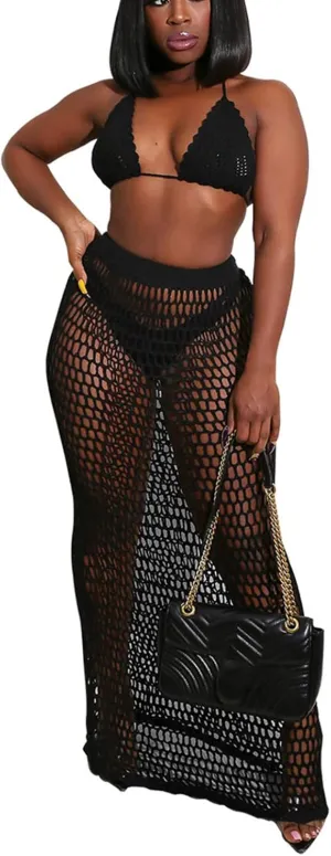 Bluewolfsea Women Sexy Beach Coverups Summer 2 Piece Outfits Crochet Mesh Fishnet Bikini Top and Maxi Skirt Set
