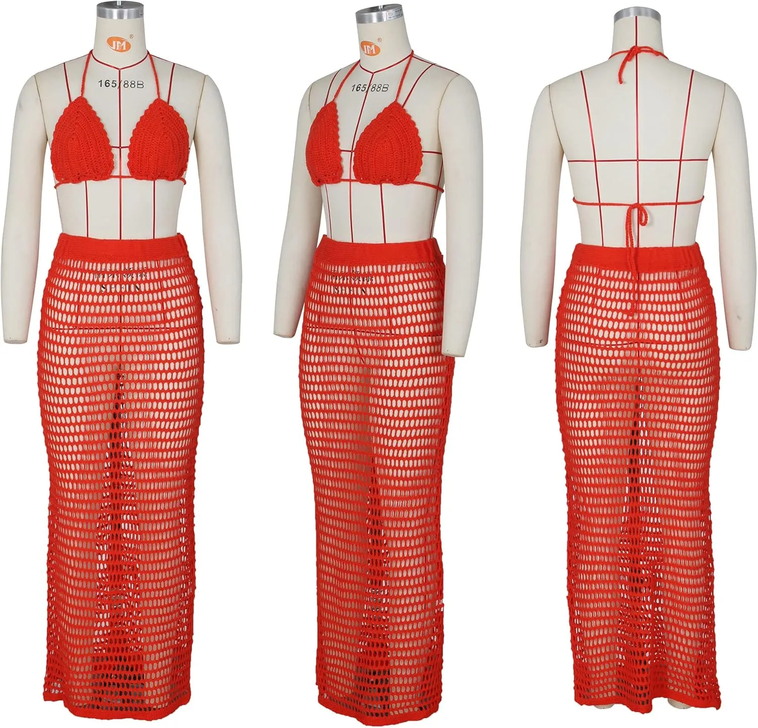Bluewolfsea Women Sexy Beach Coverups Summer 2 Piece Outfits Crochet Mesh Fishnet Bikini Top and Maxi Skirt Set