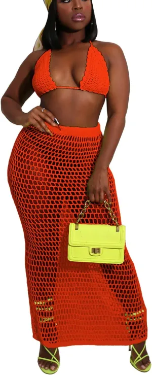 Bluewolfsea Women Sexy Beach Coverups Summer 2 Piece Outfits Crochet Mesh Fishnet Bikini Top and Maxi Skirt Set