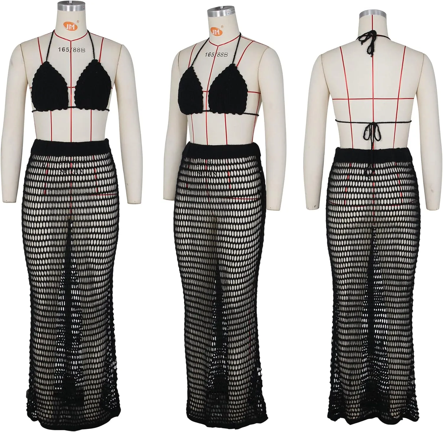 Bluewolfsea Women Sexy Beach Coverups Summer 2 Piece Outfits Crochet Mesh Fishnet Bikini Top and Maxi Skirt Set