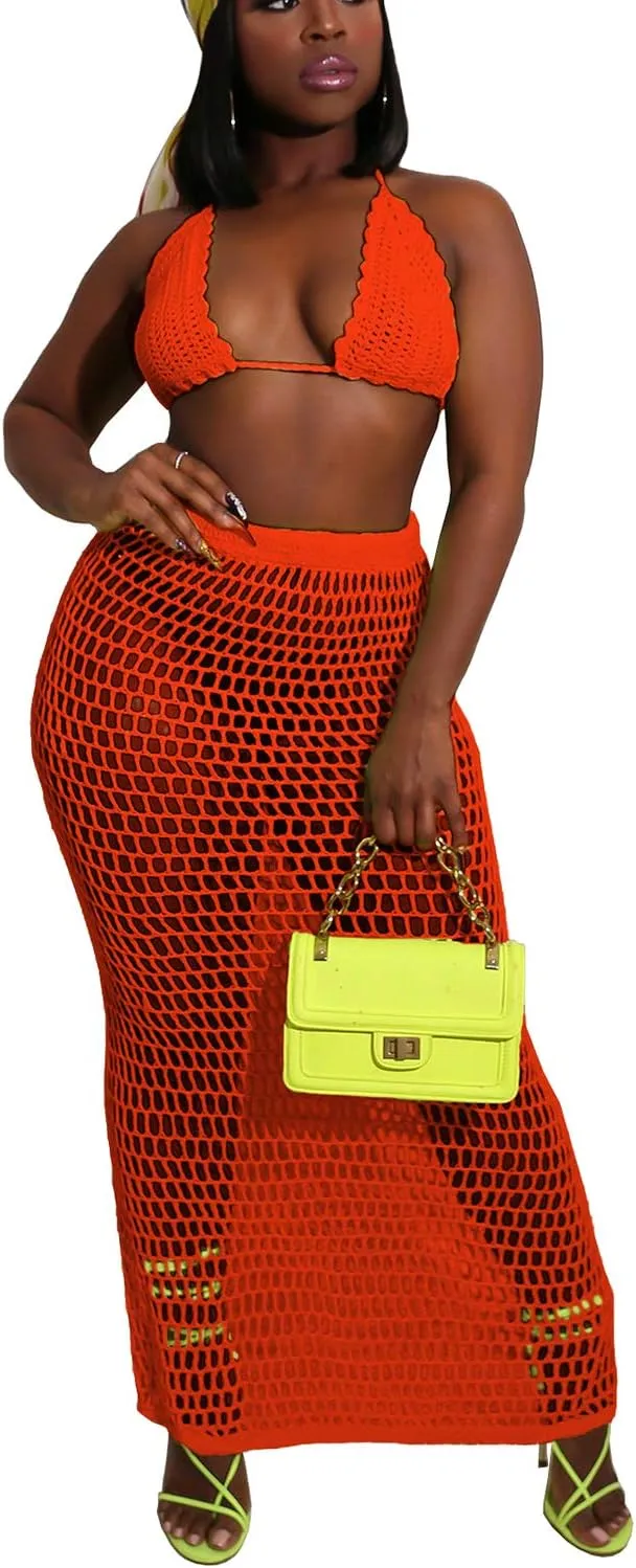 Bluewolfsea Women Sexy Beach Coverups Summer 2 Piece Outfits Crochet Mesh Fishnet Bikini Top and Maxi Skirt Set