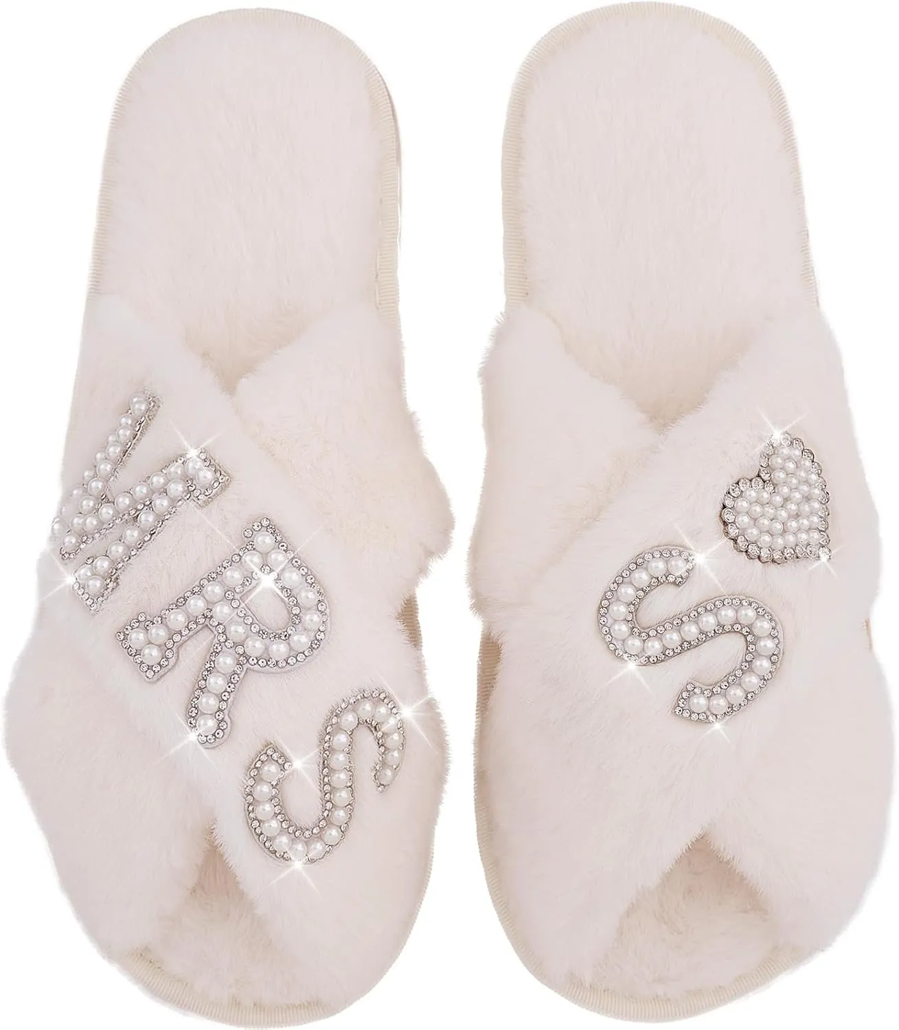 Bride Slippers for Wedding Day, Bride To Be Bridal Shower Gift for Women Bridesmaids, Personalized Initial MRS Pearl Letter Open Toe Fuzzy Flip Flops, Getting Ready Outfit, Bachelorette Party