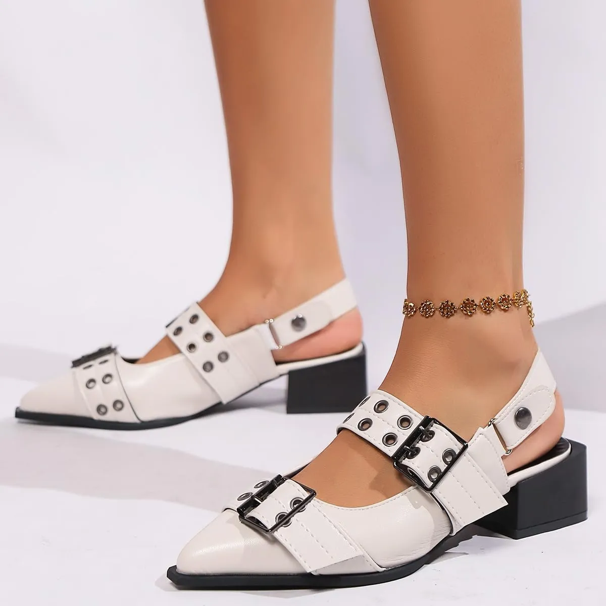 Buckle Ballet Flats for Women Mary Jane Flats Wide Welt Pointed Toe Ballerina Shoes Flat Square Block Heel Pumps Metal Punk Style Fashionable Office & Casual Wear