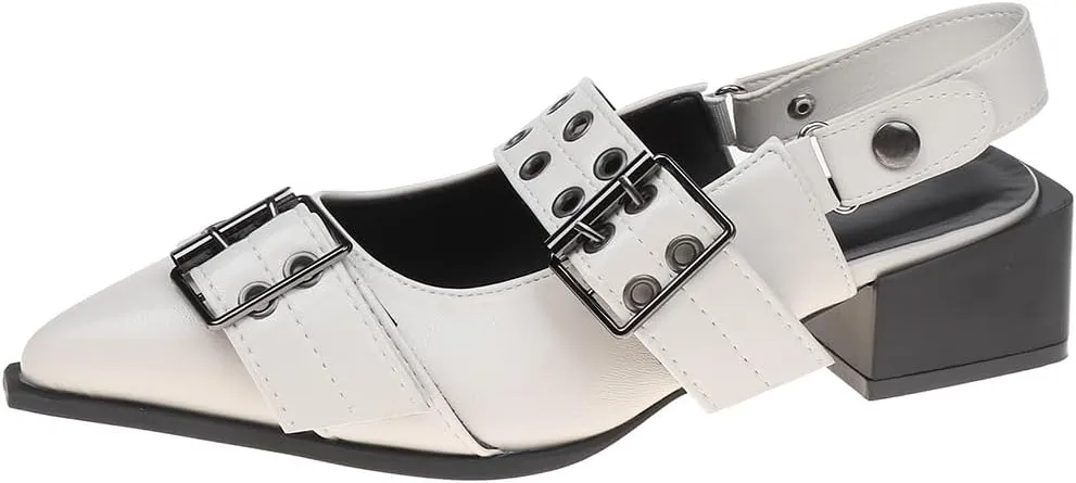 Buckle Ballet Flats for Women Mary Jane Flats Wide Welt Pointed Toe Ballerina Shoes Flat Square Block Heel Pumps Metal Punk Style Fashionable Office & Casual Wear
