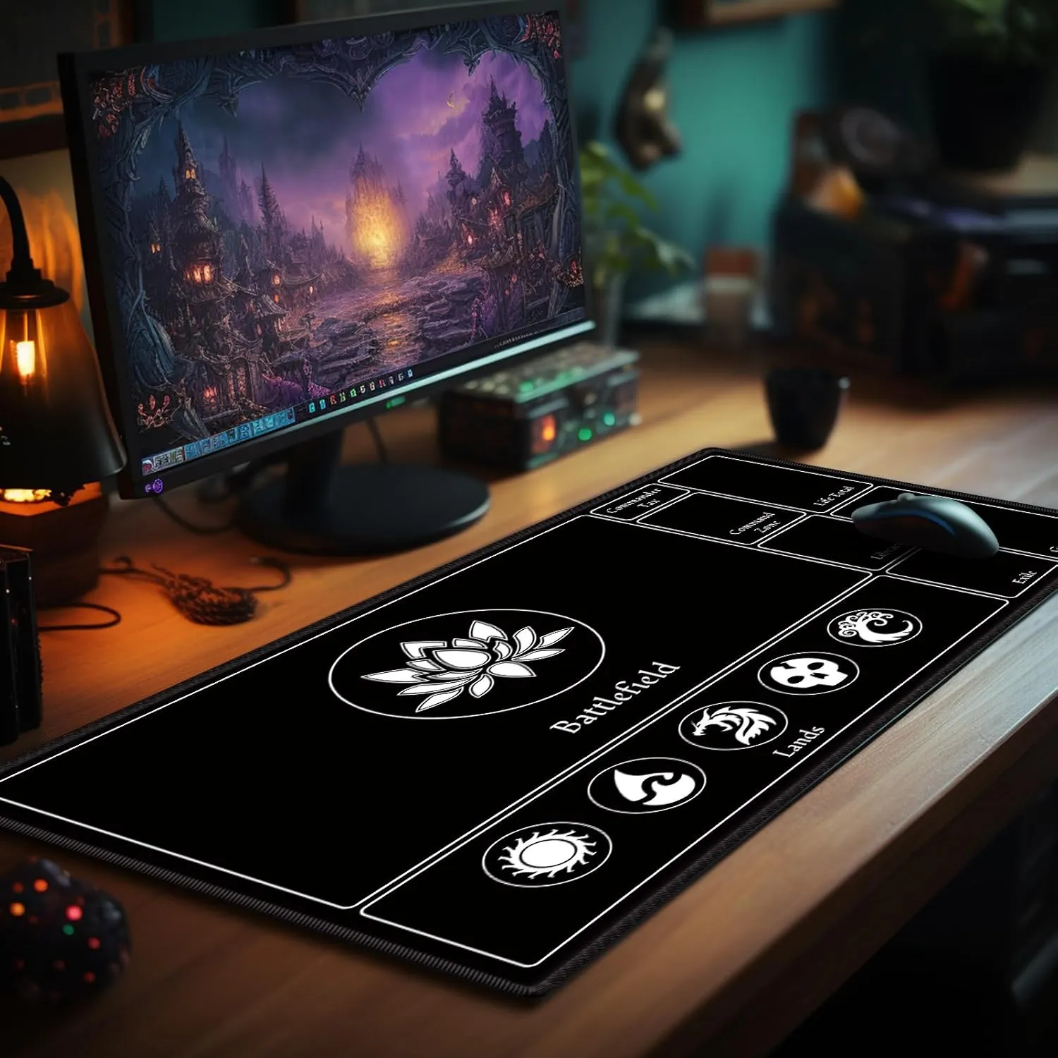 Card Playmat Stitched with Magic Zones, Game Mats Tabletop 24x14 inch for MTG/TCG Card Battles Commander Deck Gaming Desk Mat Duel Mat Card Gameplay Mats for Beginner (Black, Green, 2 Pack)
