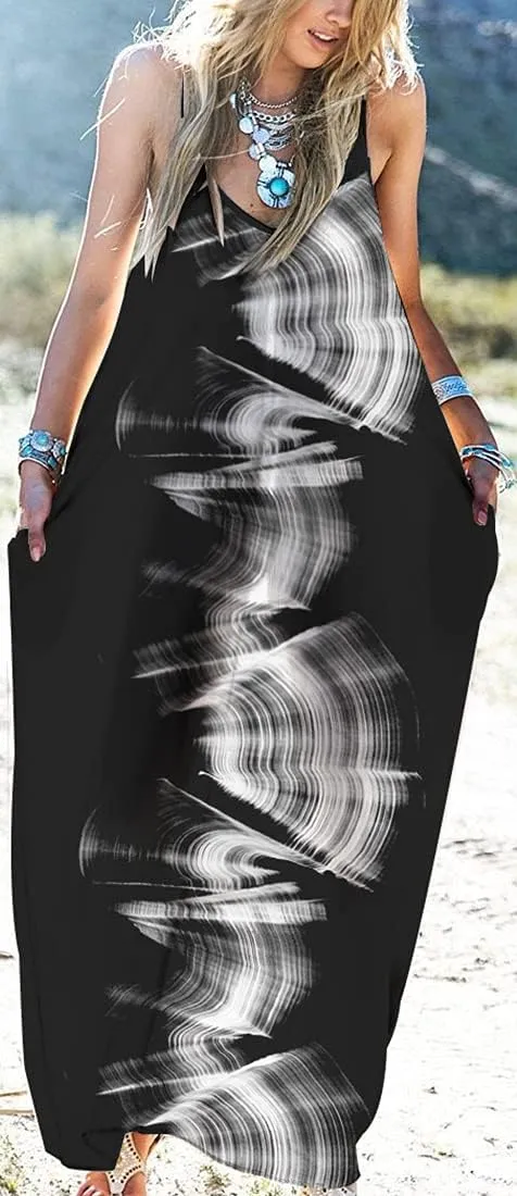 Chaos World Women's Maxi Dress V-Neck Strappy 3D Print Loose Summer Casual Dress
