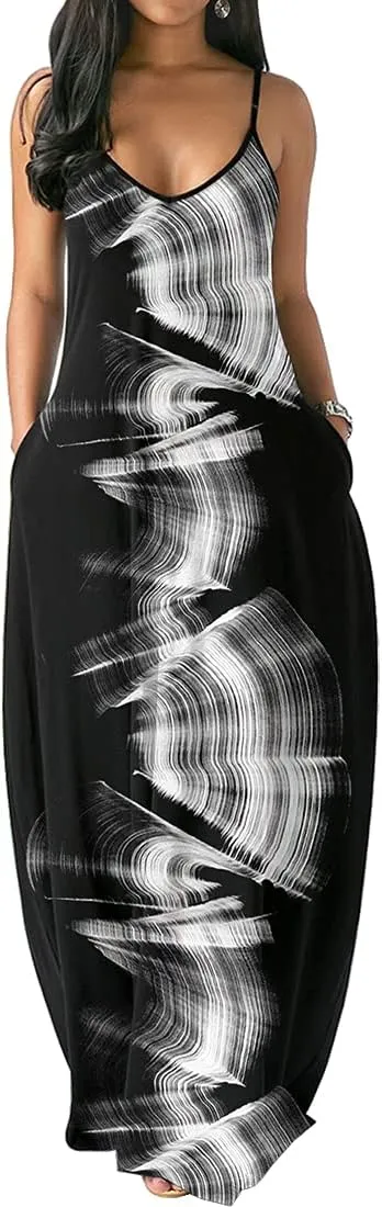 Chaos World Women's Maxi Dress V-Neck Strappy 3D Print Loose Summer Casual Dress