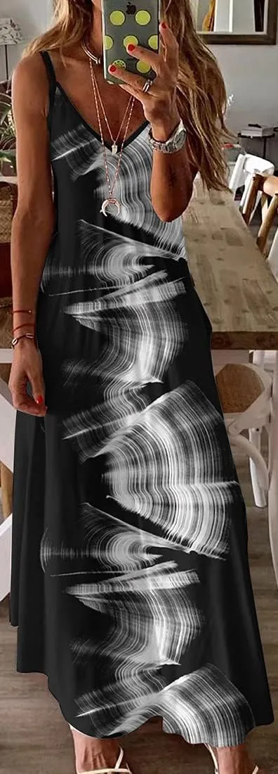 Chaos World Women's Maxi Dress V-Neck Strappy 3D Print Loose Summer Casual Dress