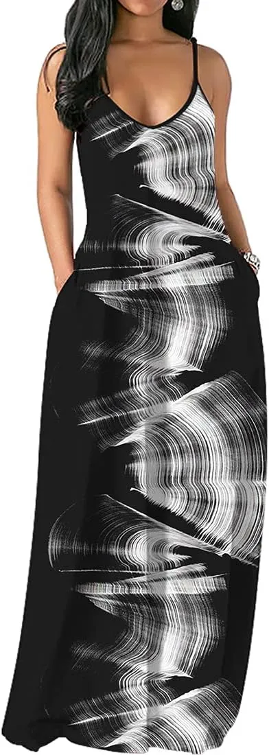 Chaos World Women's Maxi Dress V-Neck Strappy 3D Print Loose Summer Casual Dress
