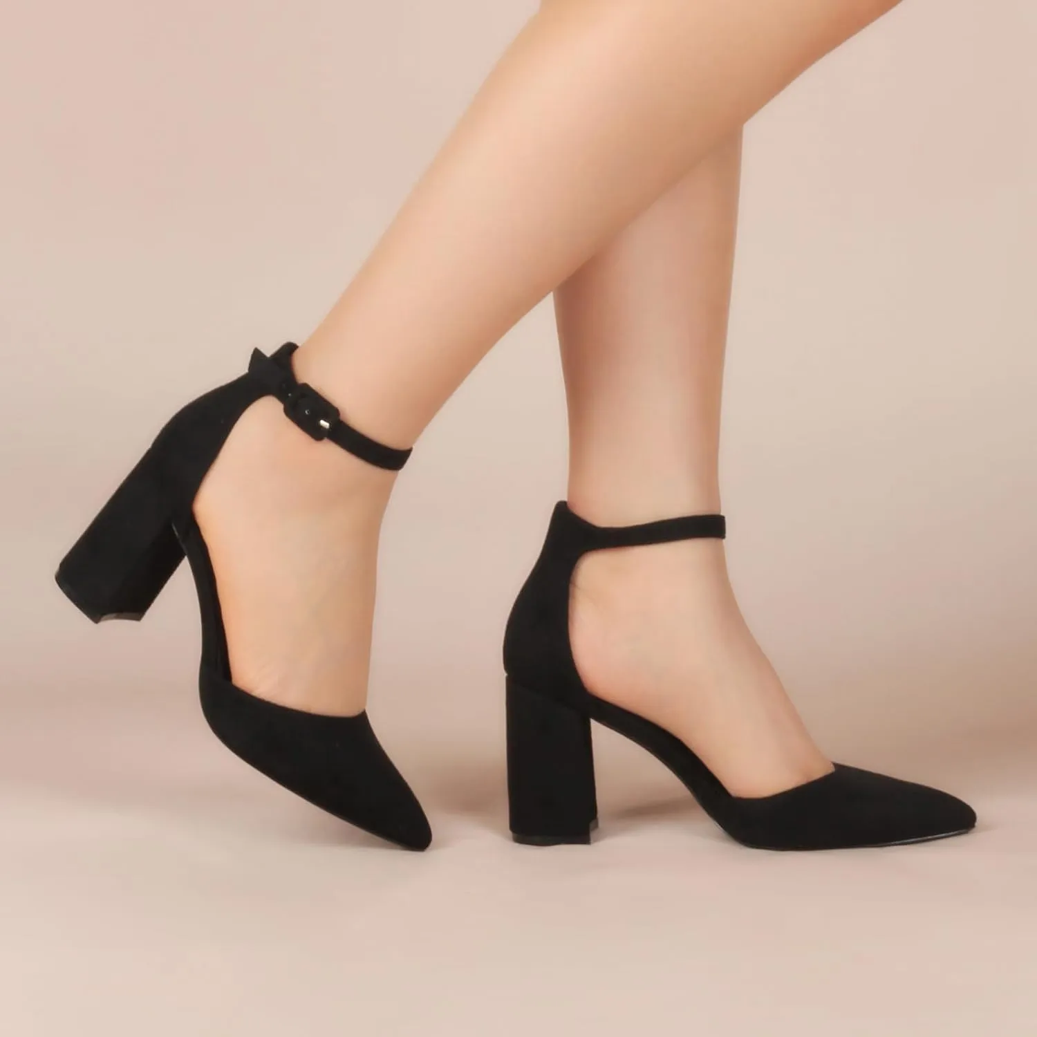 Closed Toe Heels Pumps Women High Block Chunky Heeled Pointed Toed Ankle Strap Pump Shoes Office Wedding Casual Dance Glitter Pumps Shoes for Lady Size 6-10