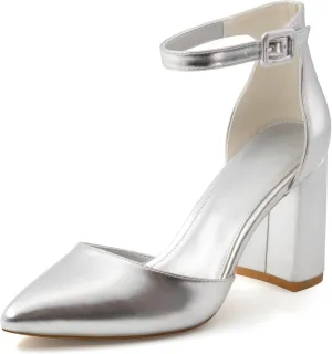 Closed Toe Heels Pumps Women High Block Chunky Heeled Pointed Toed Ankle Strap Pump Shoes Office Wedding Casual Dance Glitter Pumps Shoes for Lady Size 6-10