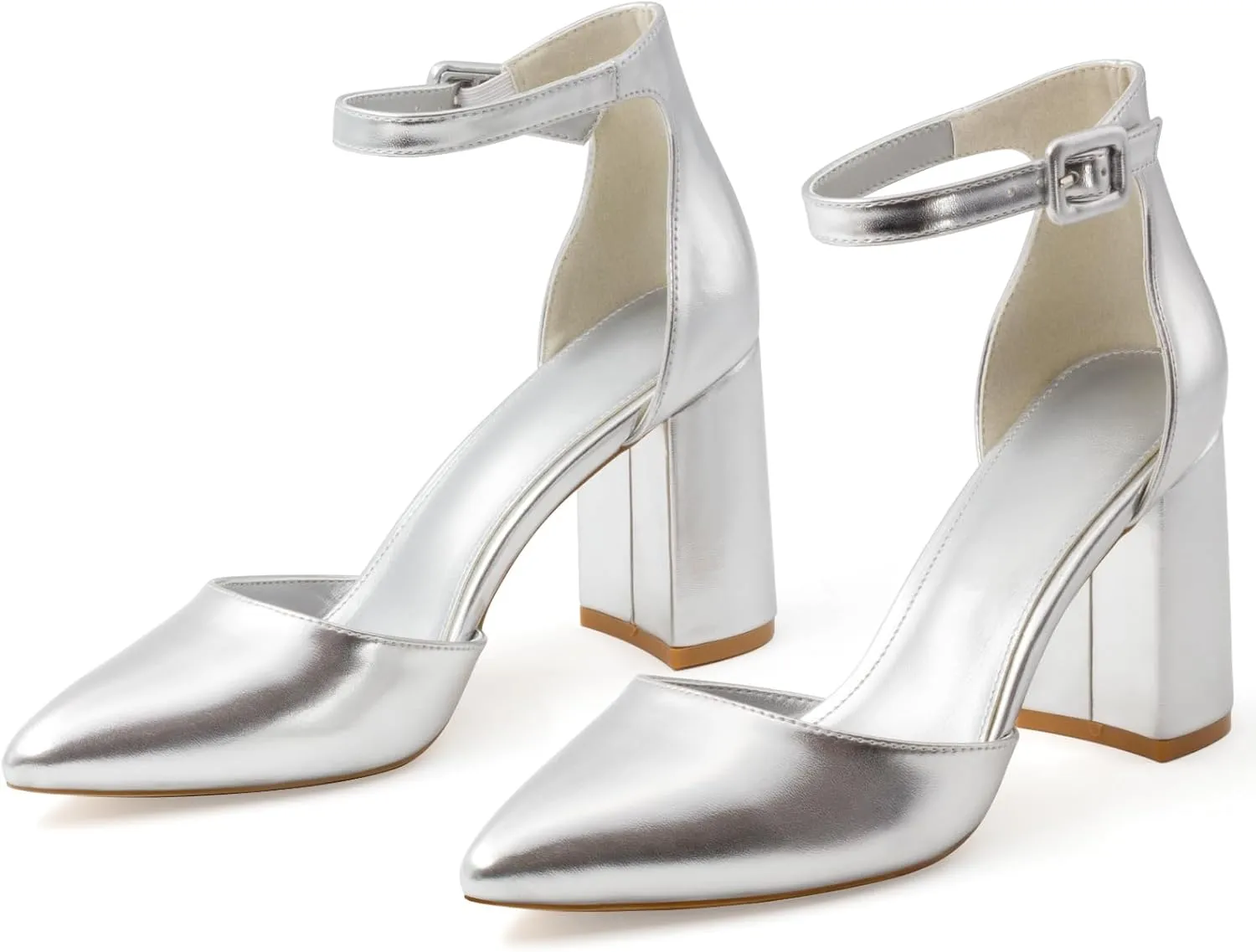 Closed Toe Heels Pumps Women High Block Chunky Heeled Pointed Toed Ankle Strap Pump Shoes Office Wedding Casual Dance Glitter Pumps Shoes for Lady Size 6-10
