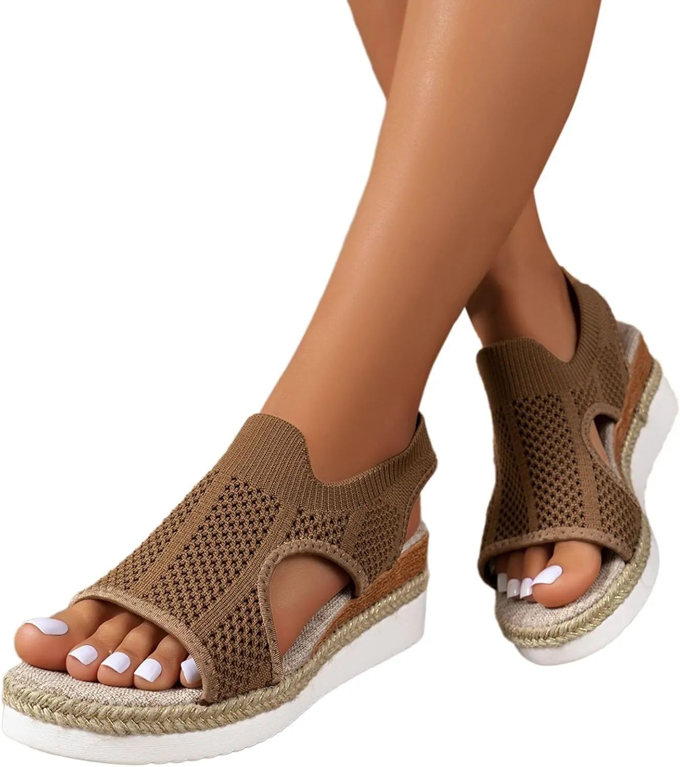 Closed Toe Sandals Women Summer Casual Hollow Strappy Flat Buckle Strap Comfort Insoles Stylish Jute Wrapped Bottom Design Wedge Platform Arch Support Linen Ankle Comfortable Breathable Beach