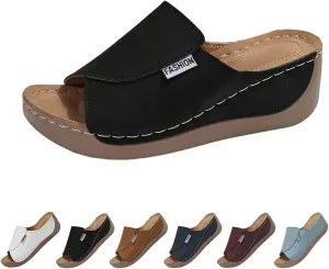 Comfortable Arch Support Slides Women's Solid Color Sandals Breathable Summer Orthotic Leather Platform Wedge Slip on Women All Day Walking Casual Sandal for 2025 Shoes Orthopedic