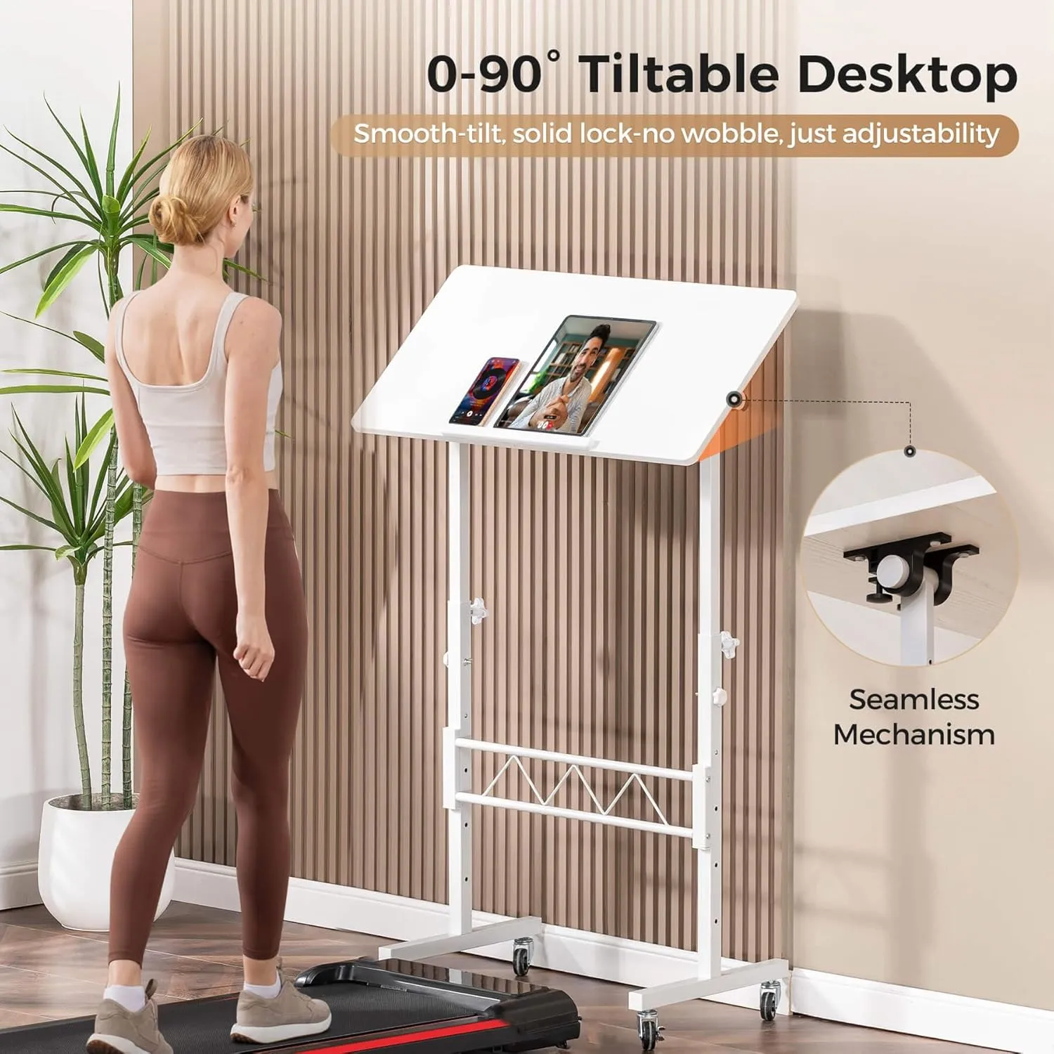 COMHOMA Small Standing Desk Adjustable Height & Tiltable Tabletop, Mobile Stand Up Desk for Laptop, Portable Computer Table for Home Office Work and Walking Pad Treadmill, Height 30.7"-46.4", White