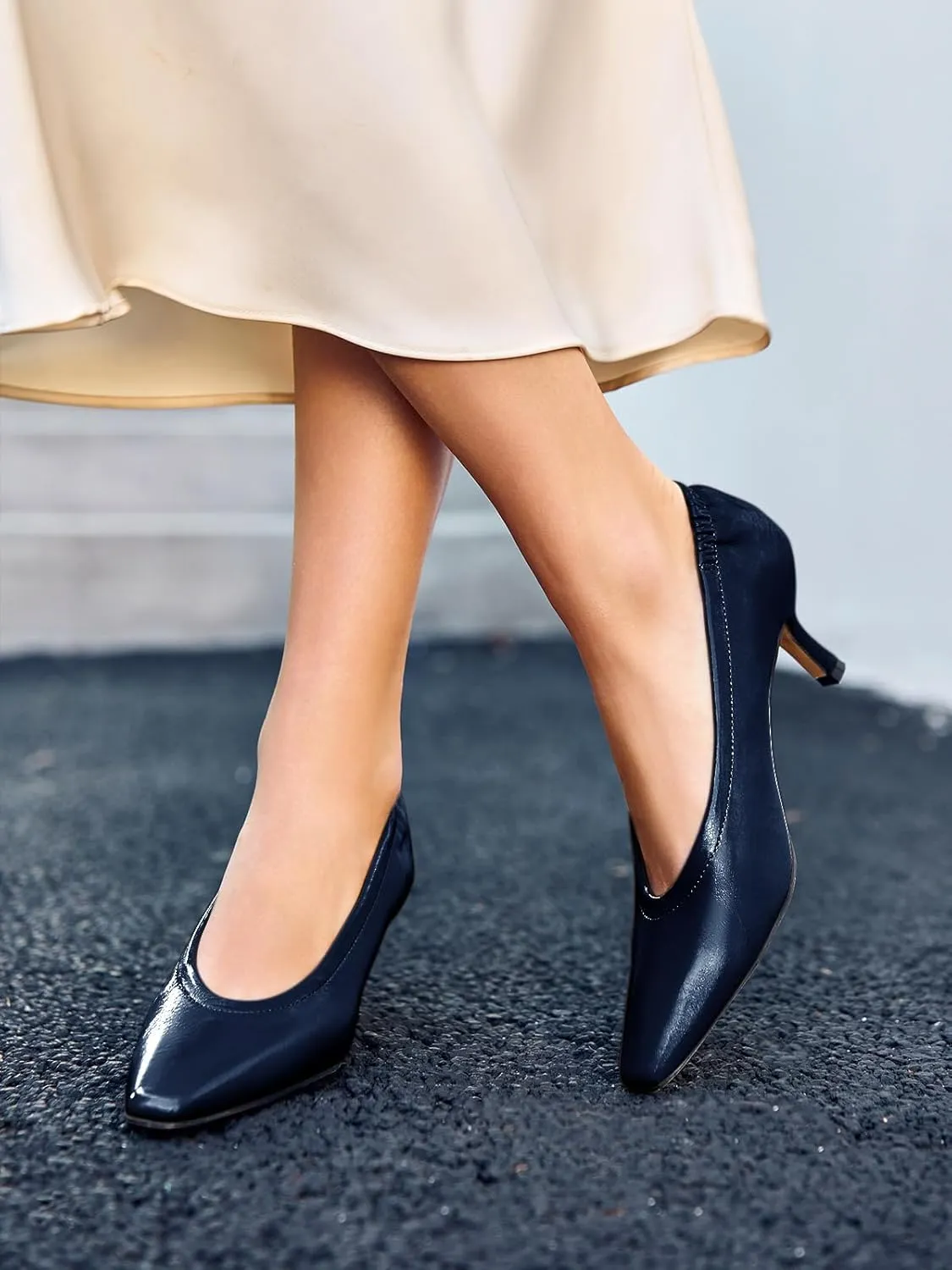 Coutgo Womens Dress Shoes Low Kitten Heels Square Pointed Toe Slip On Crinkled Work Pump Shoes
