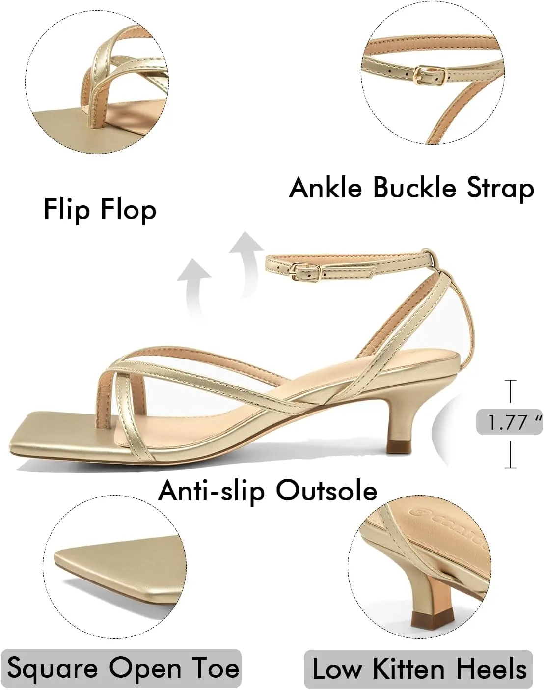 Coutgo Womens Strappy Low Kitten Heels Sandals Open Square Toe Flip Flop Summer Dress Party Shoes