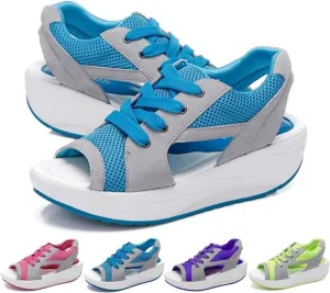 Cutout Lace Up Muffin Sandals for Women, Open Toe Tennis Shoes，Contrast Paneled Sandals, Summer Womens Platform Wedges Peep Toe Strappy Sneaker