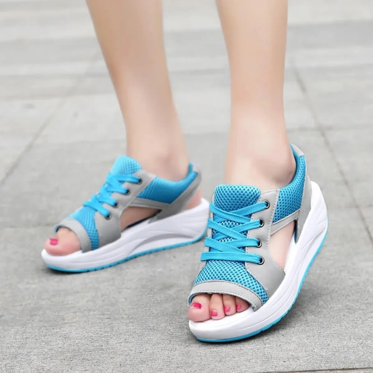 Cutout Lace Up Muffin Sandals for Women, Open Toe Tennis Shoes，Contrast Paneled Sandals, Summer Womens Platform Wedges Peep Toe Strappy Sneaker