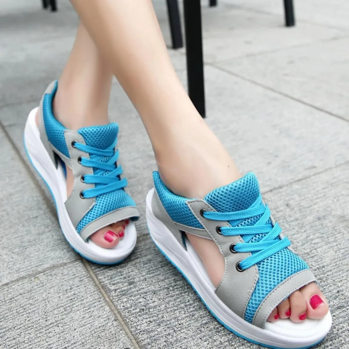 Cutout Lace Up Muffin Sandals for Women, Open Toe Tennis Shoes，Contrast Paneled Sandals, Summer Womens Platform Wedges Peep Toe Strappy Sneaker