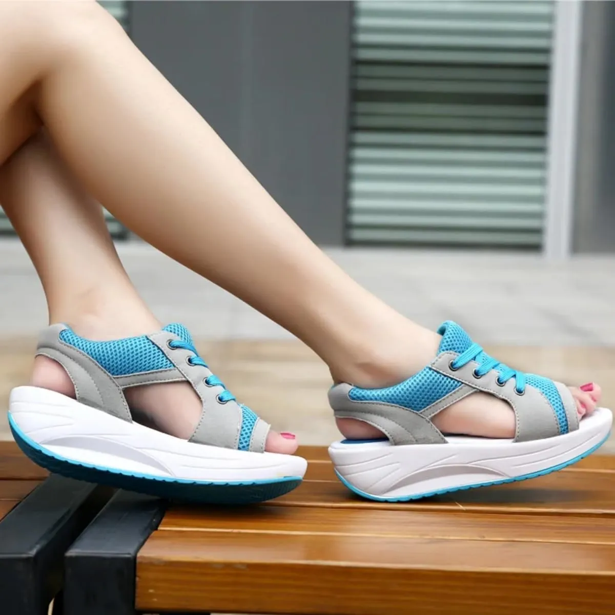 Cutout Lace Up Muffin Sandals for Women, Open Toe Tennis Shoes，Contrast Paneled Sandals, Summer Womens Platform Wedges Peep Toe Strappy Sneaker