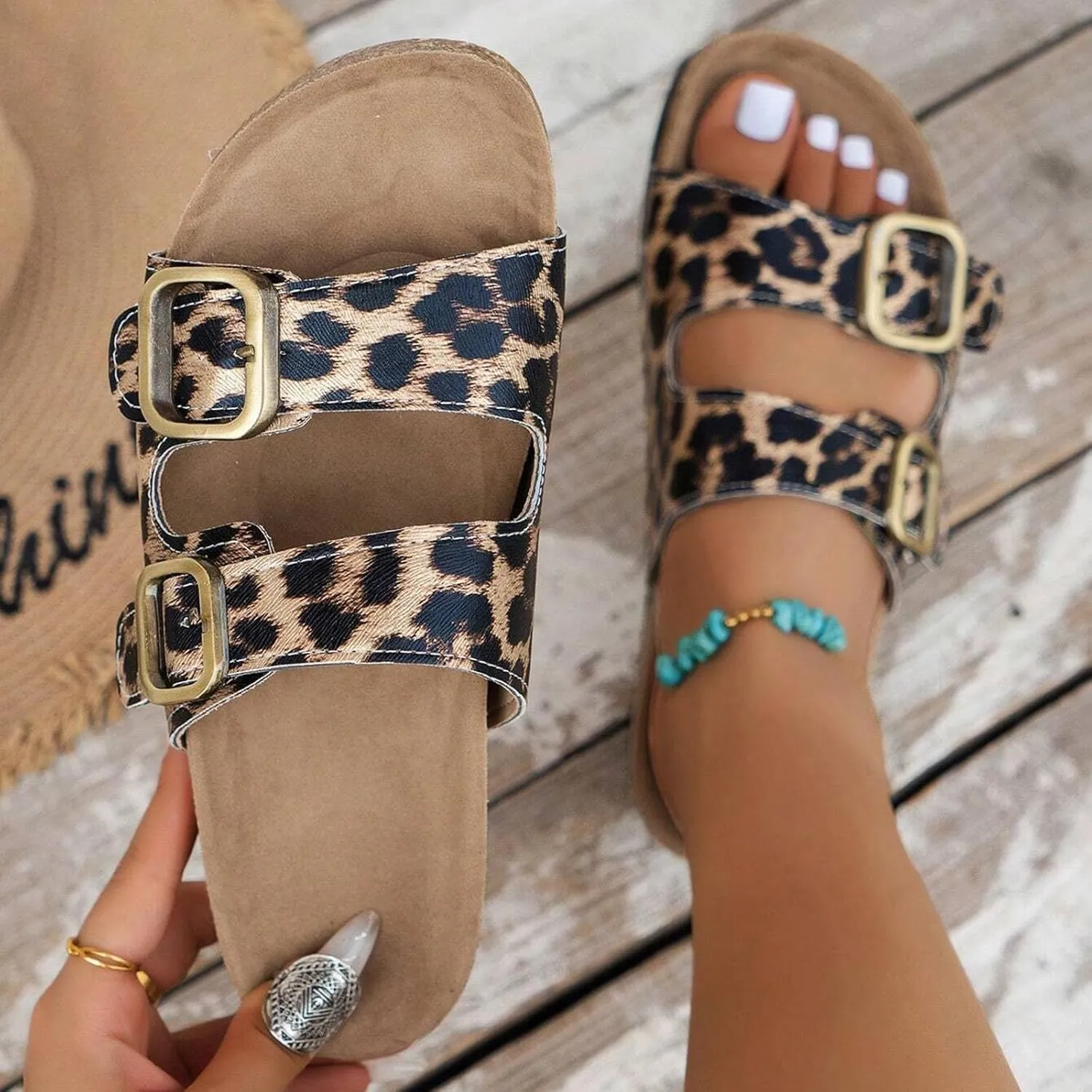 Eduavar Orthopedic Sandals for Women, Women Walking Slippers with Arch Support Leopard Anti-Slip Comfortable Sandals