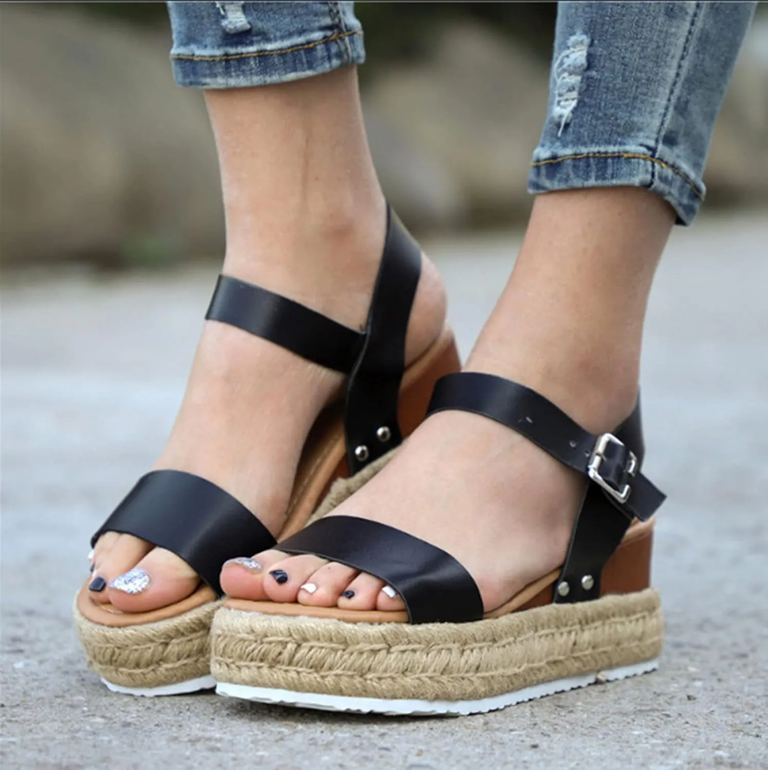 Eduavar Wedge Sandals for Women, Women Sandals Dressy Summer Beach Sandals Lace Trim Ring Toe Floral Flat Sandals