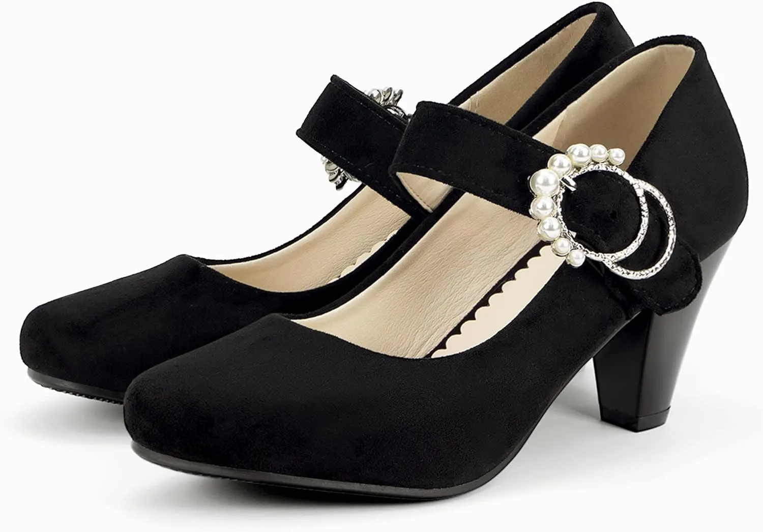 Elerhythm Women's Mary Jane Bow Closed Toe Vintage Pumps Heels Gatsby Victorian 1920s Dresses Faux Suede Shoes